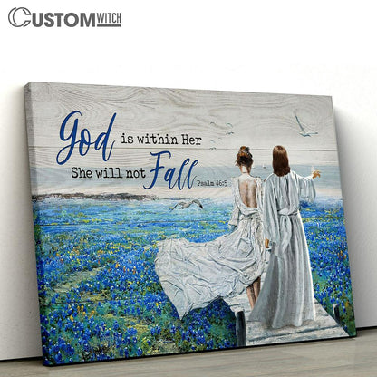 God Is Within Her, She Will Not Fall Canvas - Blue Flower Field, Walking With Jesus Wall Art Canvas - Christian Wall Art - Religious Art