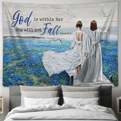 God Is Within Her, She Will Not Fall Tapestry - Blue Flower Field, Walking With Jesus Wall Art Tapestry - Christian Wall Art - Religious Art