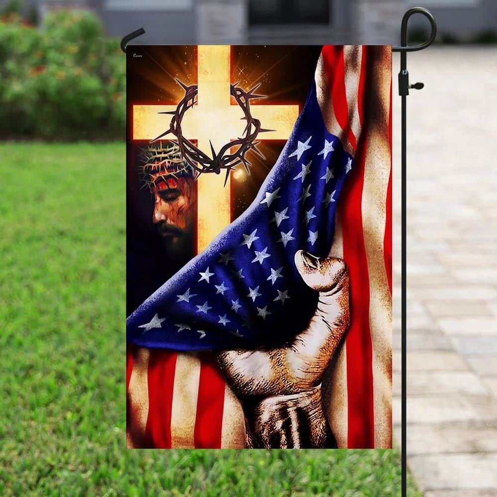 God Jesus Cross American US Garden Flag, Christian Flag, Scripture Flag, Garden Banner
