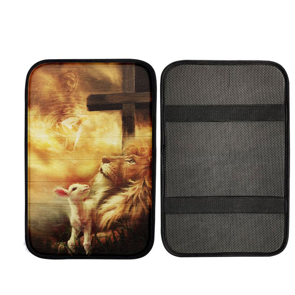 God, Lion And Lamb Car Center Console Cover, Religious Car Interior Accessories