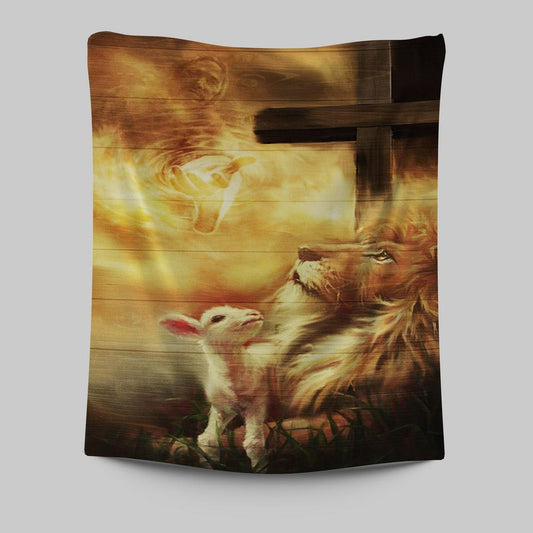God, Lion And Lamb Tapestry Wall Art - Christian Wall Tapestry - Religious Tapestries Wall Hanging Prints
