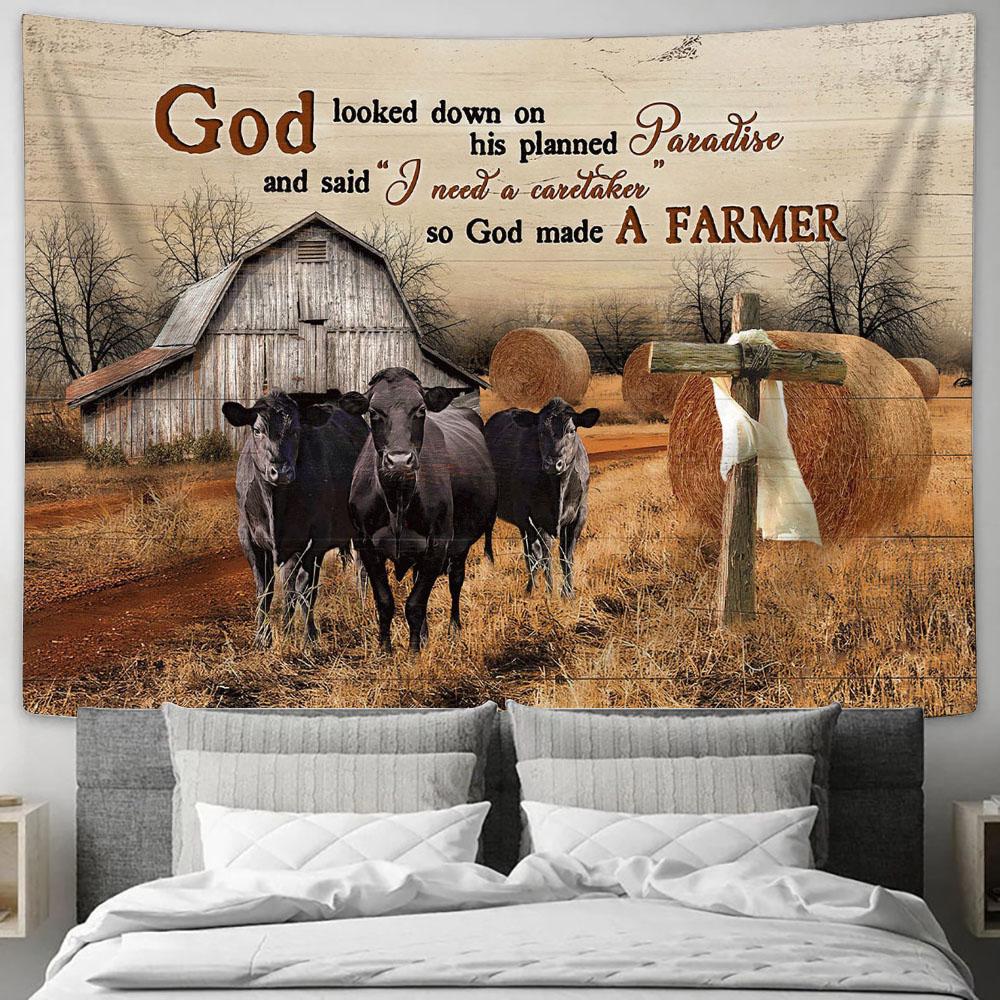 God Looked Down On His Planned Paradise Black Cow Wall Art Tapestry - Christian Wall Art - Religious Art