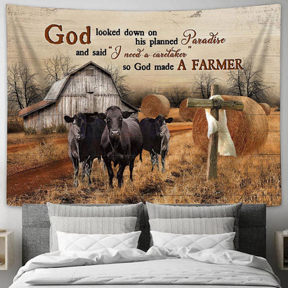 God Looked Down On His Planned Paradise Black Cow Wall Art Tapestry - Christian Wall Art - Religious Art