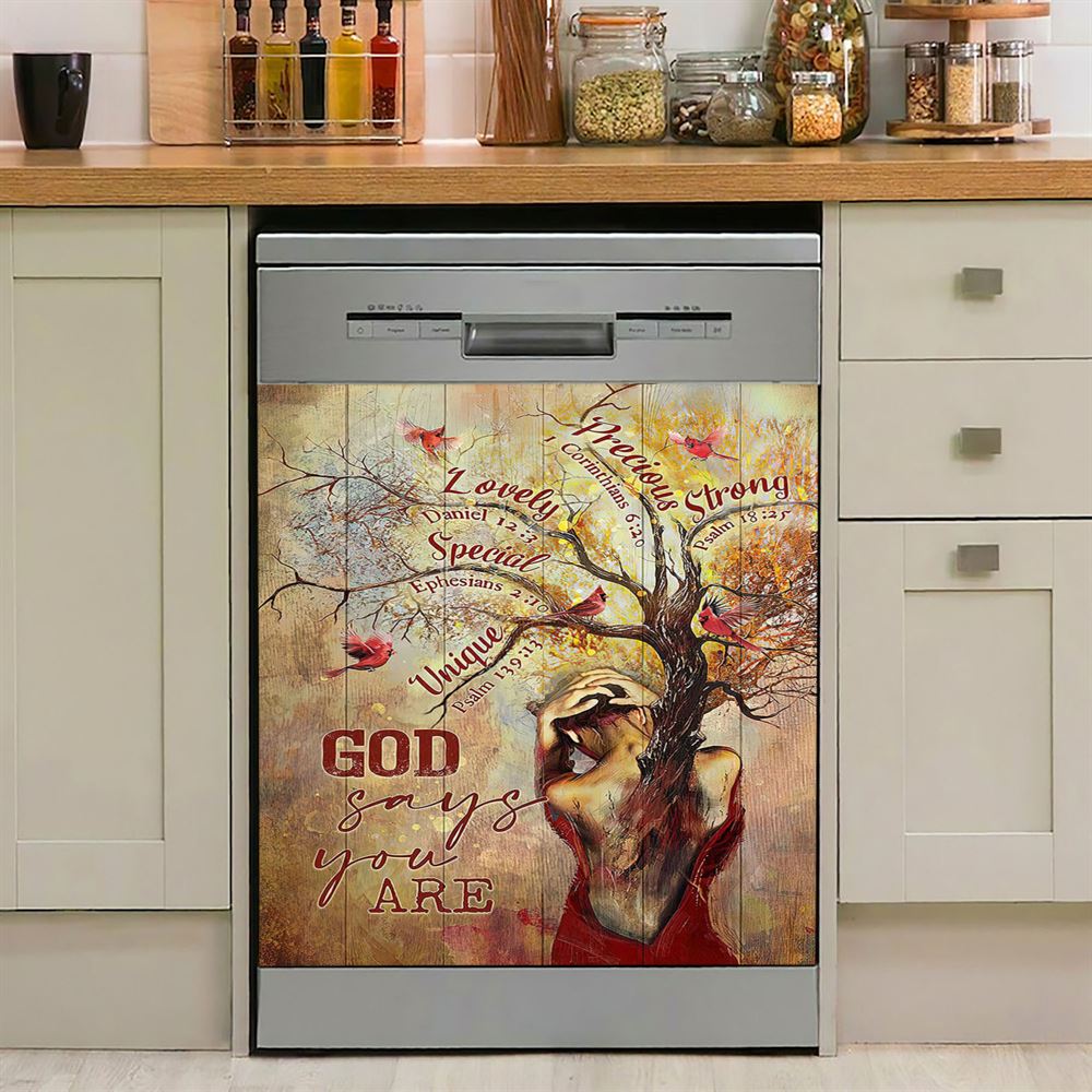 God Say You Are Beautiful Girl Red Cardinal Dishwasher Cover, Christian Dishwasher Stickers, Religious Kitchen Decor