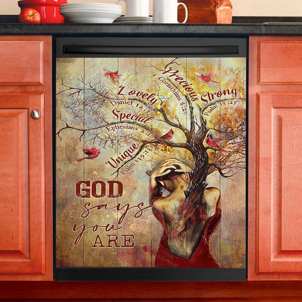 God Say You Are Beautiful Girl Red Cardinal Dishwasher Cover, Christian Dishwasher Stickers, Religious Kitchen Decor