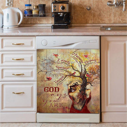 God Say You Are Beautiful Girl Red Cardinal Dishwasher Cover, Christian Dishwasher Stickers, Religious Kitchen Decor
