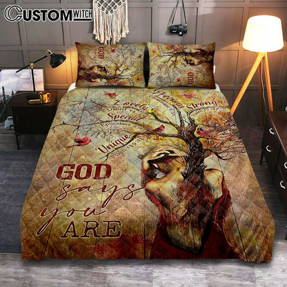 God Say You Are Beautiful Girl Red Cardinal Quilt Bedding Set - Christian Bedroom - Religious Home Decor