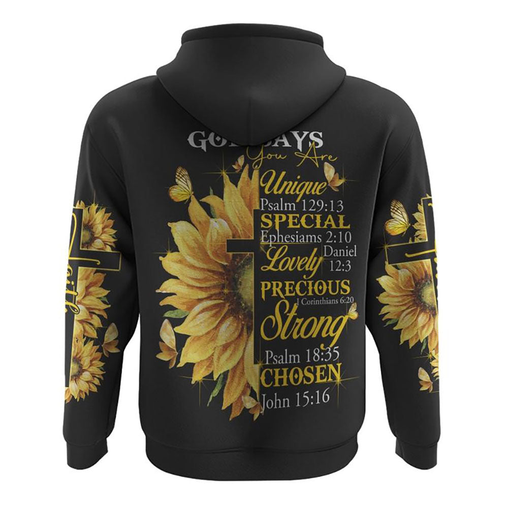 God Say You Are Sunflower Butterfly Cross Faith All Over Print 3D Hoodie, Christian Hoodie, Christian Sweatshirt, Bible Verse Shirt