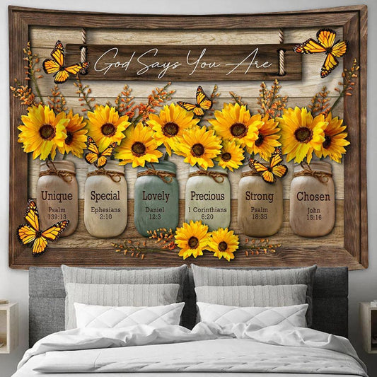 God Say You Are Sunflower Tapestry Wall Art - Christian Wall Tapestry - Scripture Tapestry Prints