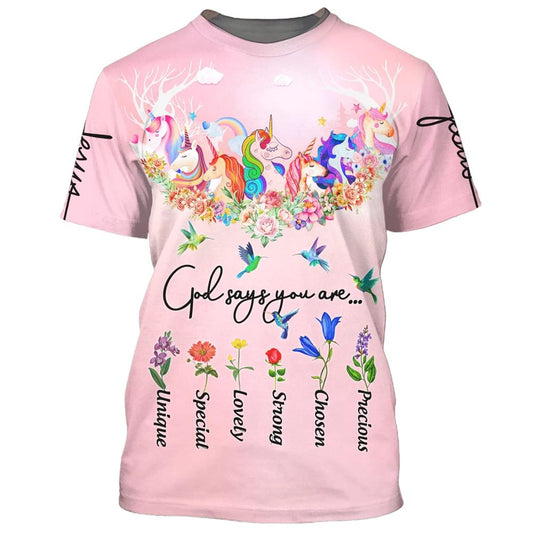 God Say You Are Unicorn And Hummingbird All Over Print 3D T-Shirt, Gift For Christian, Jesus Shirt