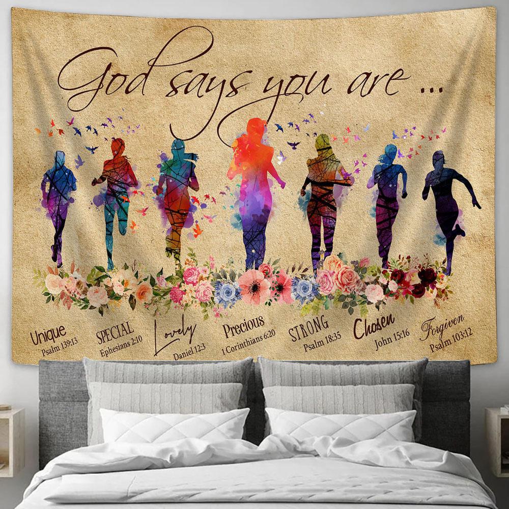 God Says You Are - Colorful Running Girl Tapestry Wall Art - Christian Wall Tapestry - Scripture Tapestry Prints