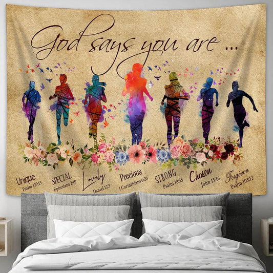 God Says You Are - Colorful Running Girl Tapestry Wall Art - Christian Wall Tapestry - Scripture Tapestry Prints