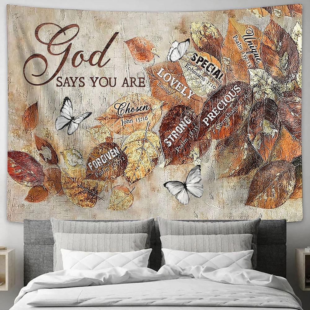 God Says You Are Autumn Leaves White Butterfly Tapestry Wall Art - Bible Verse Tapestry - Religious Tapestry Wall Hanging