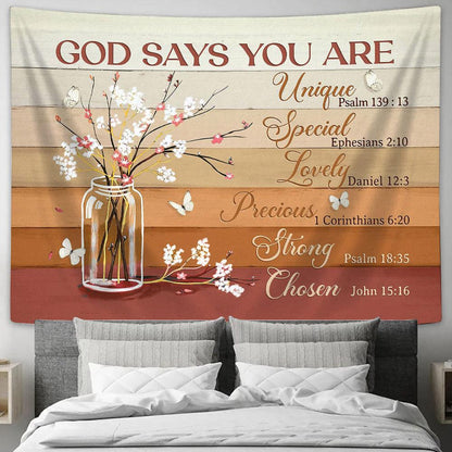 God Says You Are Baby Cotton Flower White Butterfly Tapestry Wall Art - Bible Verse Tapestry - Religious Tapestry Wall Hanging