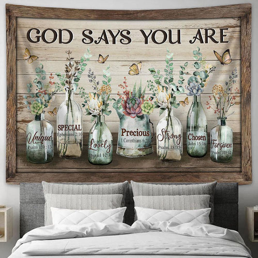 God Says You Are Baby Flower Vintage Garden Yellow Butterfly Tapestry Wall Art - Bible Verse Tapestry - Religious Tapestry Wall Hanging