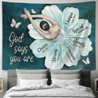 God Says You Are Ballerina Ballet Flower Dress Butterfly Tapestry Wall Art - Bible Verse Tapestry - Religious Tapestry Wall Hanging