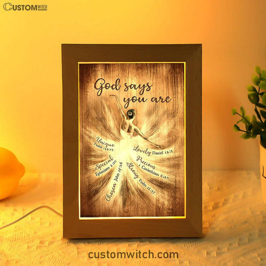 God Says You Are Ballerina Vintage Frame Lamp Art - Christian Night Light - Bible Verse Wooden Lamp