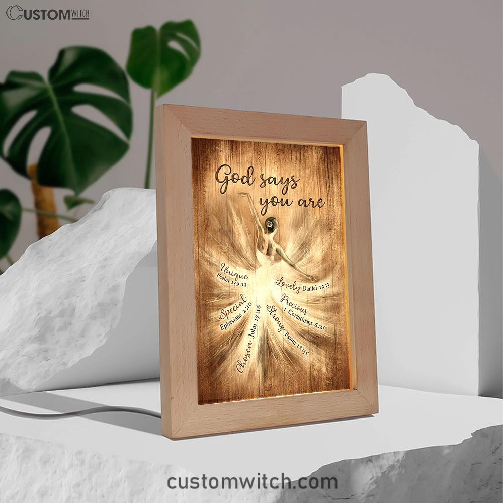 God Says You Are Ballerina Vintage Frame Lamp Art - Christian Night Light - Bible Verse Wooden Lamp