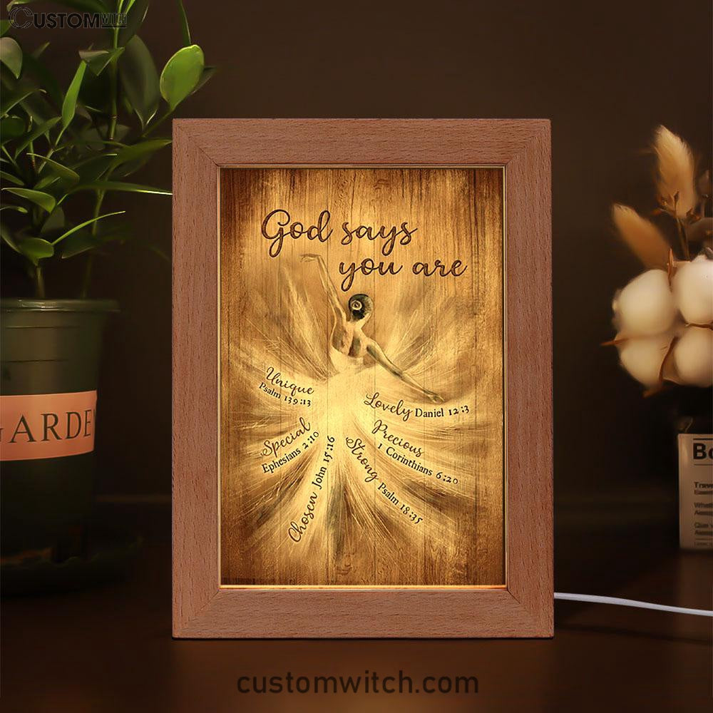 God Says You Are Ballerina Vintage Frame Lamp Art - Christian Night Light - Bible Verse Wooden Lamp