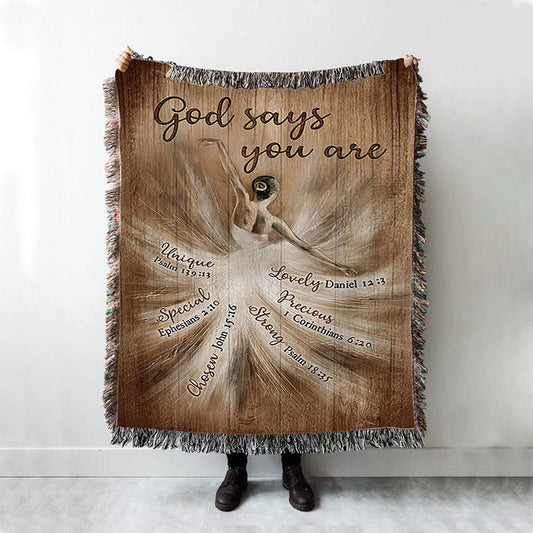 God Says You Are Ballerina Vintage Woven Throw Blanket - Christian Woven Blanket Prints - Bible Verse Woven Blanket Art
