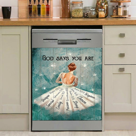 God Says You Are Ballerina White Dandelion Dishwasher Cover, Christian Dishwasher Stickers, Bible Verse Kitchen Decor