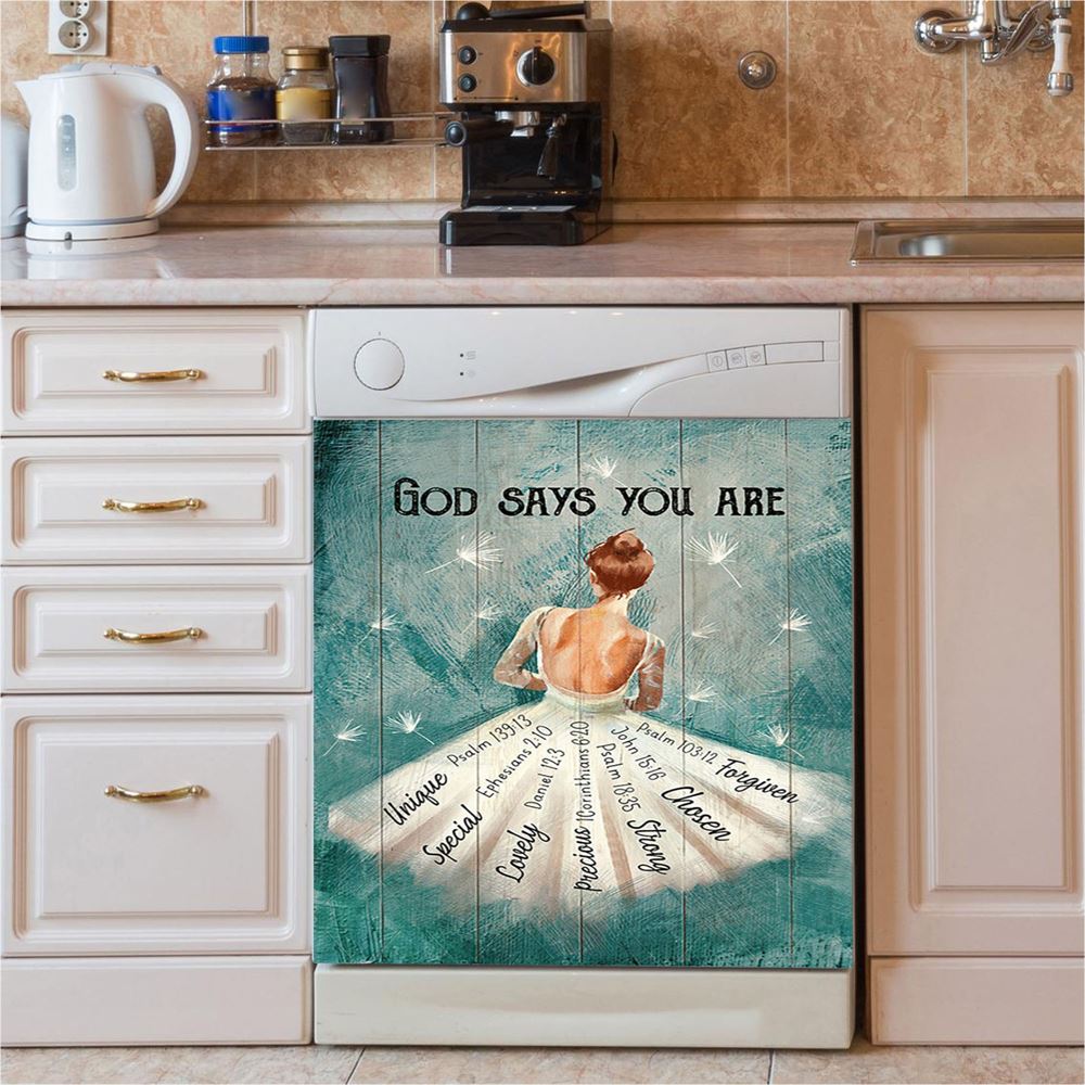 God Says You Are Ballerina White Dandelion Dishwasher Cover, Christian Dishwasher Stickers, Bible Verse Kitchen Decor