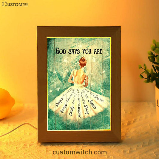 God Says You Are Ballerina White Dandelion Frame Lamp Art - Christian Night Light - Bible Verse Wooden Lamp