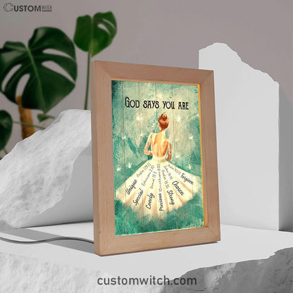 God Says You Are Ballerina White Dandelion Frame Lamp Art - Christian Night Light - Bible Verse Wooden Lamp