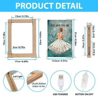God Says You Are Ballerina White Dandelion Frame Lamp Art - Christian Night Light - Bible Verse Wooden Lamp