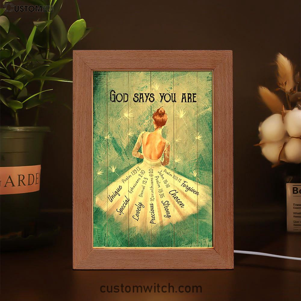 God Says You Are Ballerina White Dandelion Frame Lamp Art - Christian Night Light - Bible Verse Wooden Lamp