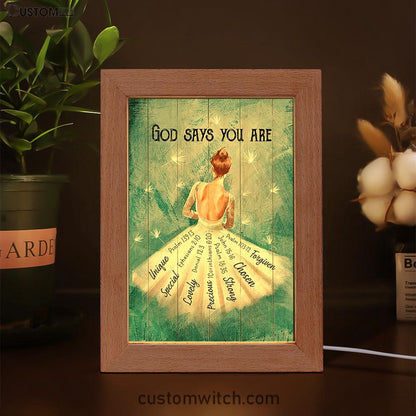 God Says You Are Ballerina White Dandelion Frame Lamp Art - Christian Night Light - Bible Verse Wooden Lamp