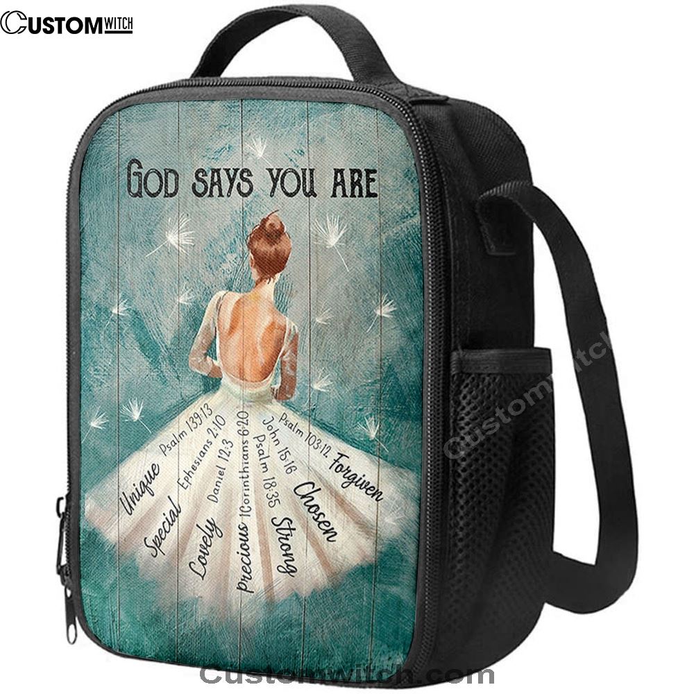 God Says You Are Ballerina White Dandelion Lunch Bag, Christian Lunch Bag, Religious Lunch Box For School, Picnic