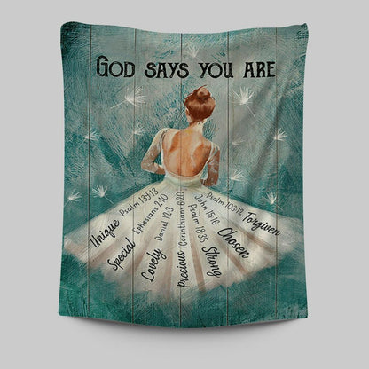 God Says You Are Ballerina White Dandelion Tapestry Wall Art - Christian Tapestries Prints - Bible Verse Tapestry Art