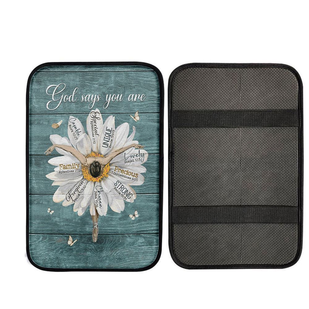 God Says You Are Ballet Dancer White Daisy White Butterfly Car Center Console Cover, Christian Car Accessories
