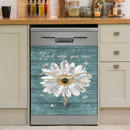 God Says You Are Ballet Dancer White Daisy White Butterfly Dishwasher Cover, Christian Dishwasher Stickers, Bible Verse Kitchen Decor