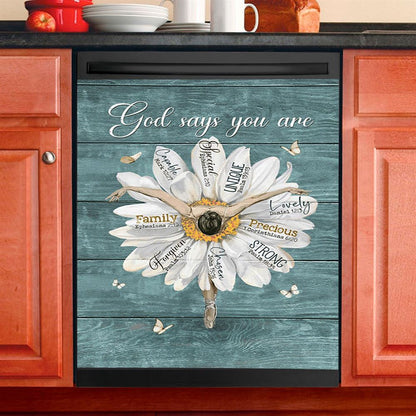 God Says You Are Ballet Dancer White Daisy White Butterfly Dishwasher Cover, Christian Dishwasher Stickers, Bible Verse Kitchen Decor