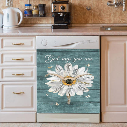 God Says You Are Ballet Dancer White Daisy White Butterfly Dishwasher Cover, Christian Dishwasher Stickers, Bible Verse Kitchen Decor