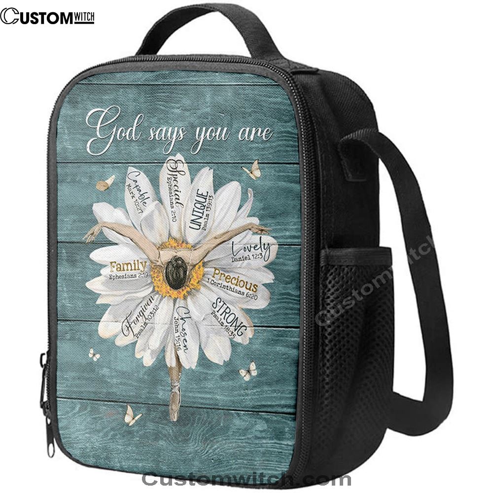 God Says You Are Ballet Dancer White Daisy White Butterfly Lunch Bag, Christian Lunch Bag, Religious Lunch Box For School, Picnic