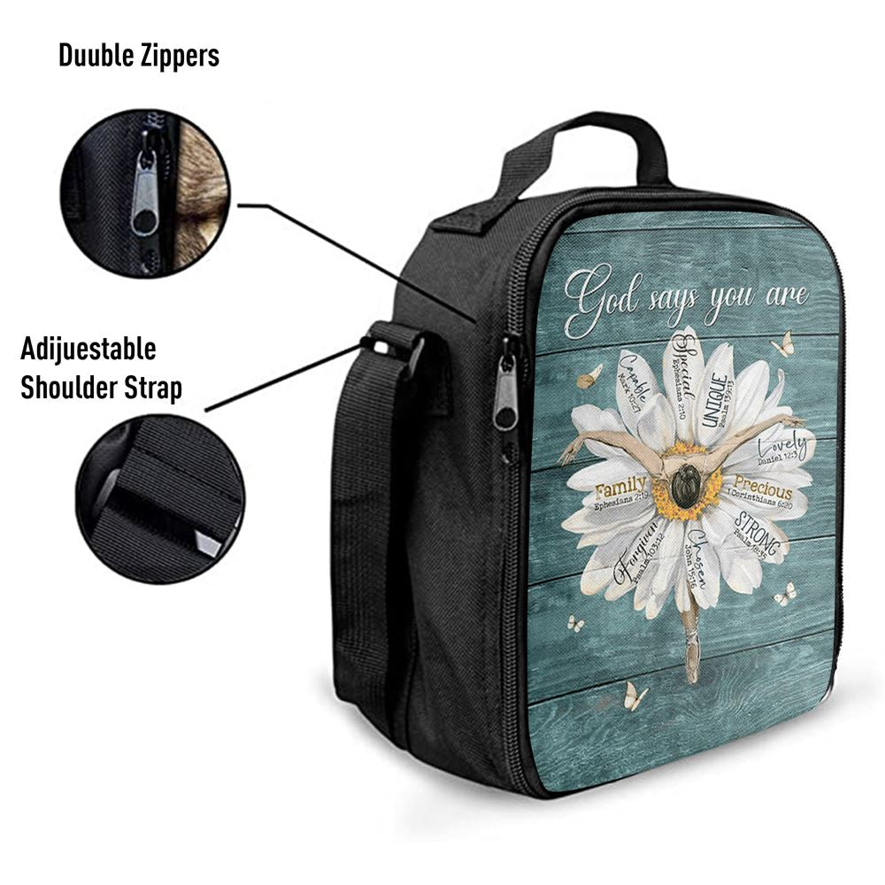 God Says You Are Ballet Dancer White Daisy White Butterfly Lunch Bag, Christian Lunch Bag, Religious Lunch Box For School, Picnic