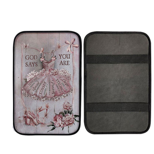 God Says You Are Ballet Pretty Pink Dress Lovely Peony Car Center Console Cover, Christian Car Accessories