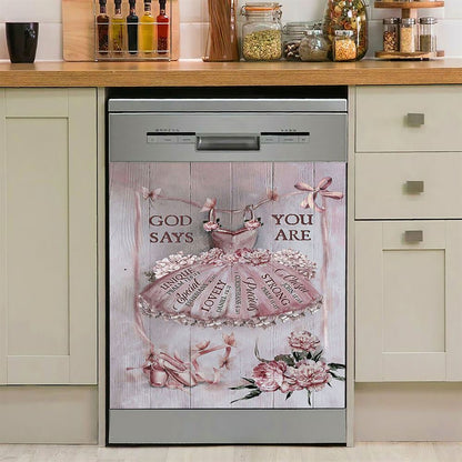 God Says You Are Ballet Pretty Pink Dress Lovely Peony Dishwasher Cover, Christian Dishwasher Stickers, Bible Verse Kitchen Decor