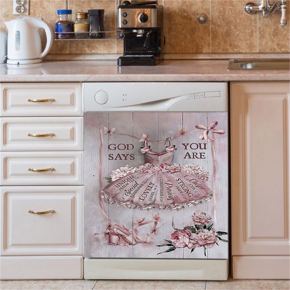 God Says You Are Ballet Pretty Pink Dress Lovely Peony Dishwasher Cover, Christian Dishwasher Stickers, Bible Verse Kitchen Decor