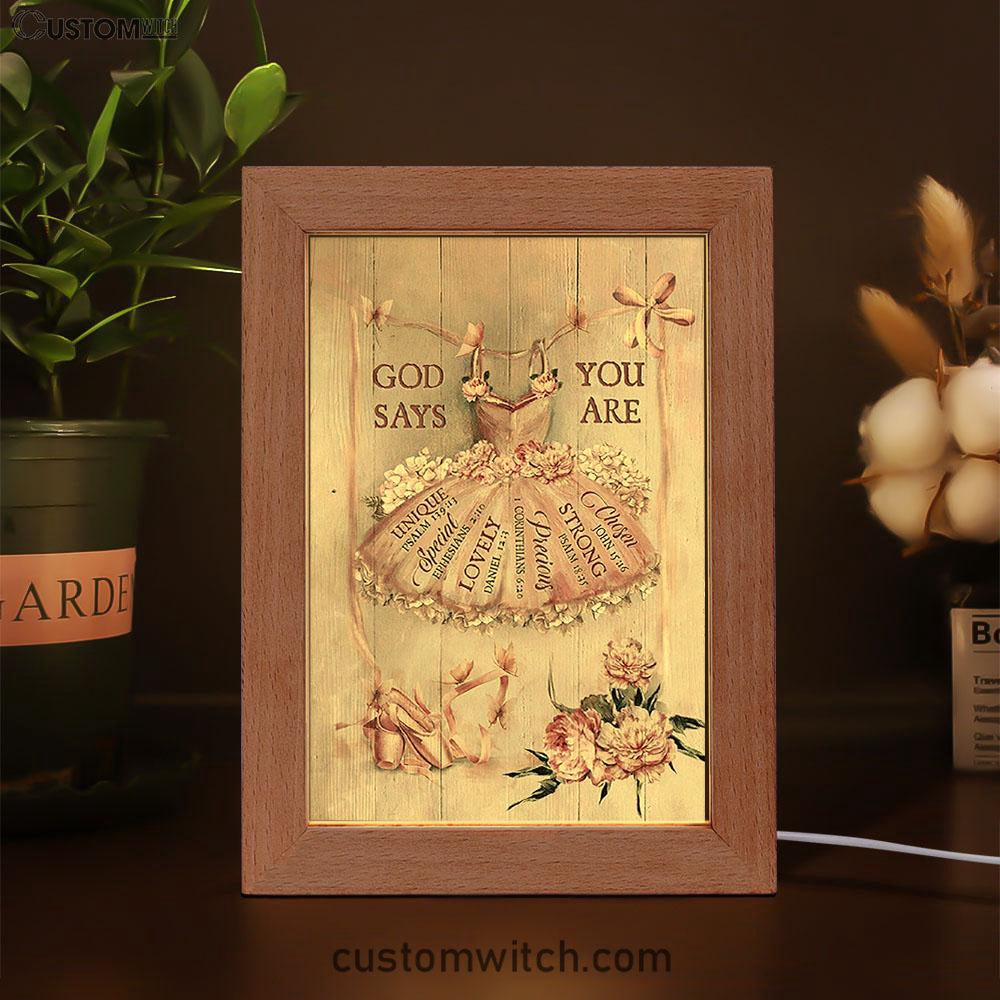 God Says You Are Ballet Pretty Pink Dress Lovely Peony Frame Lamp Art - Christian Night Light - Bible Verse Wooden Lamp
