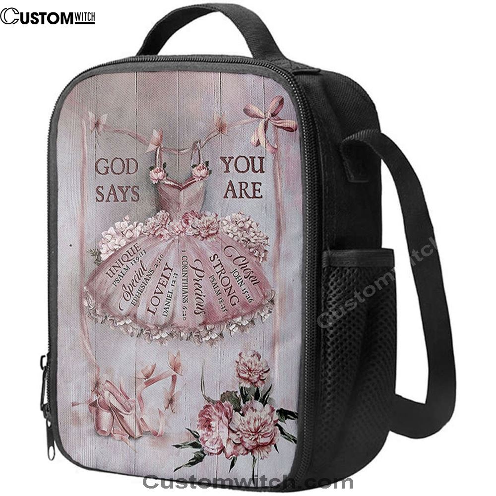 God Says You Are Ballet Pretty Pink Dress Lovely Peony Lunch Bag, Christian Lunch Bag, Religious Lunch Box For School, Picnic