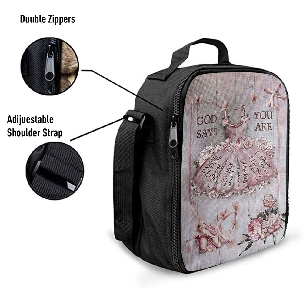 God Says You Are Ballet Pretty Pink Dress Lovely Peony Lunch Bag, Christian Lunch Bag, Religious Lunch Box For School, Picnic