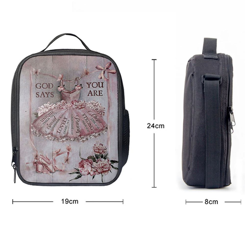 God Says You Are Ballet Pretty Pink Dress Lovely Peony Lunch Bag, Christian Lunch Bag, Religious Lunch Box For School, Picnic