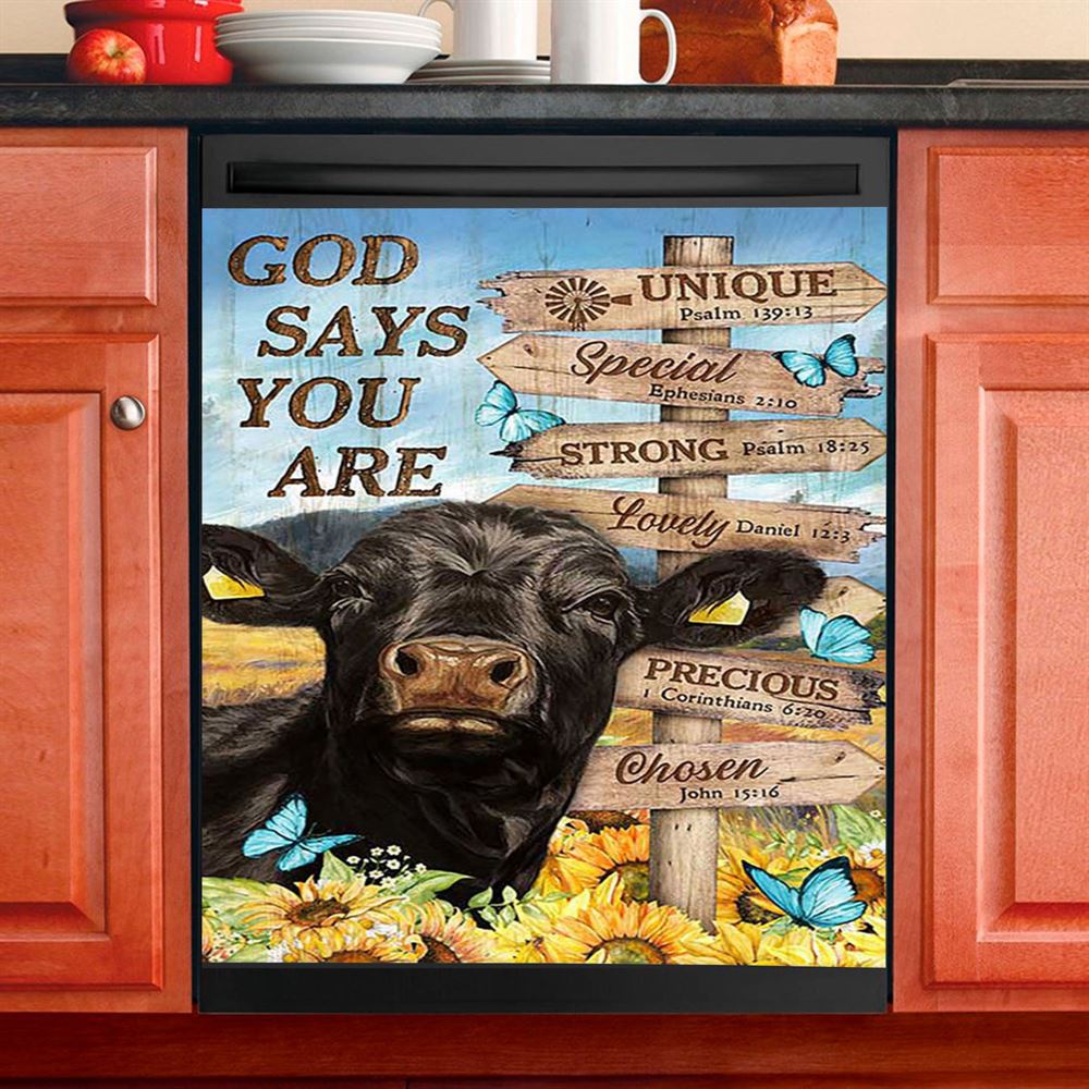God Says You Are Black Cow Sunflower Field Dishwasher Cover, Bible Verse Dishwasher Stickers, Inspirational Kitchen Decor