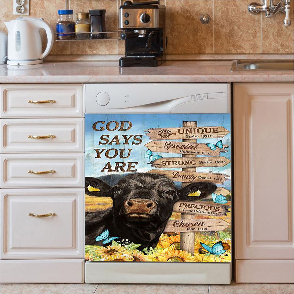 God Says You Are Black Cow Sunflower Field Dishwasher Cover, Bible Verse Dishwasher Stickers, Inspirational Kitchen Decor