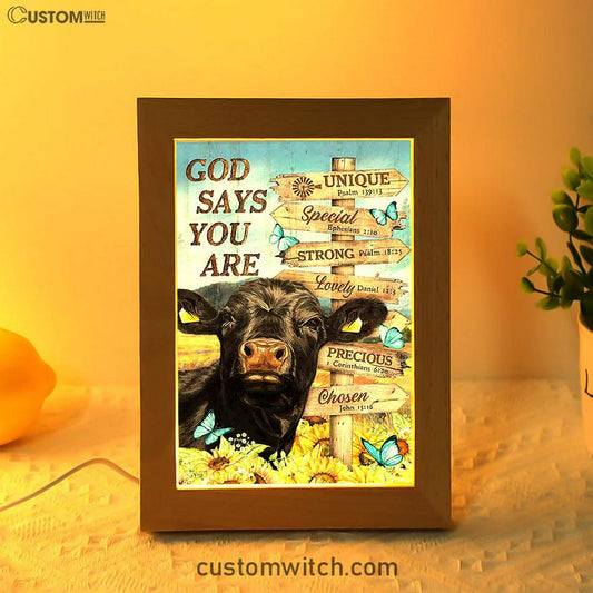 God Says You Are Black Cow Sunflower Field Frame Lamp Art - Bible Verse Wooden Lamp - Inspirational Art - Christian Home Decor