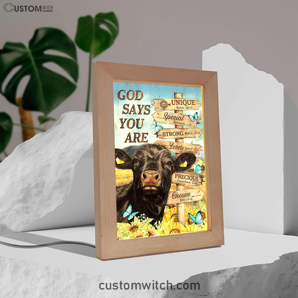 God Says You Are Black Cow Sunflower Field Frame Lamp Art - Bible Verse Wooden Lamp - Inspirational Art - Christian Home Decor